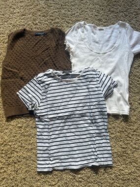 3 Brandy Melville Tops- Brown Knit Vest, White Scoop Tee, Striped Navy/White Tee